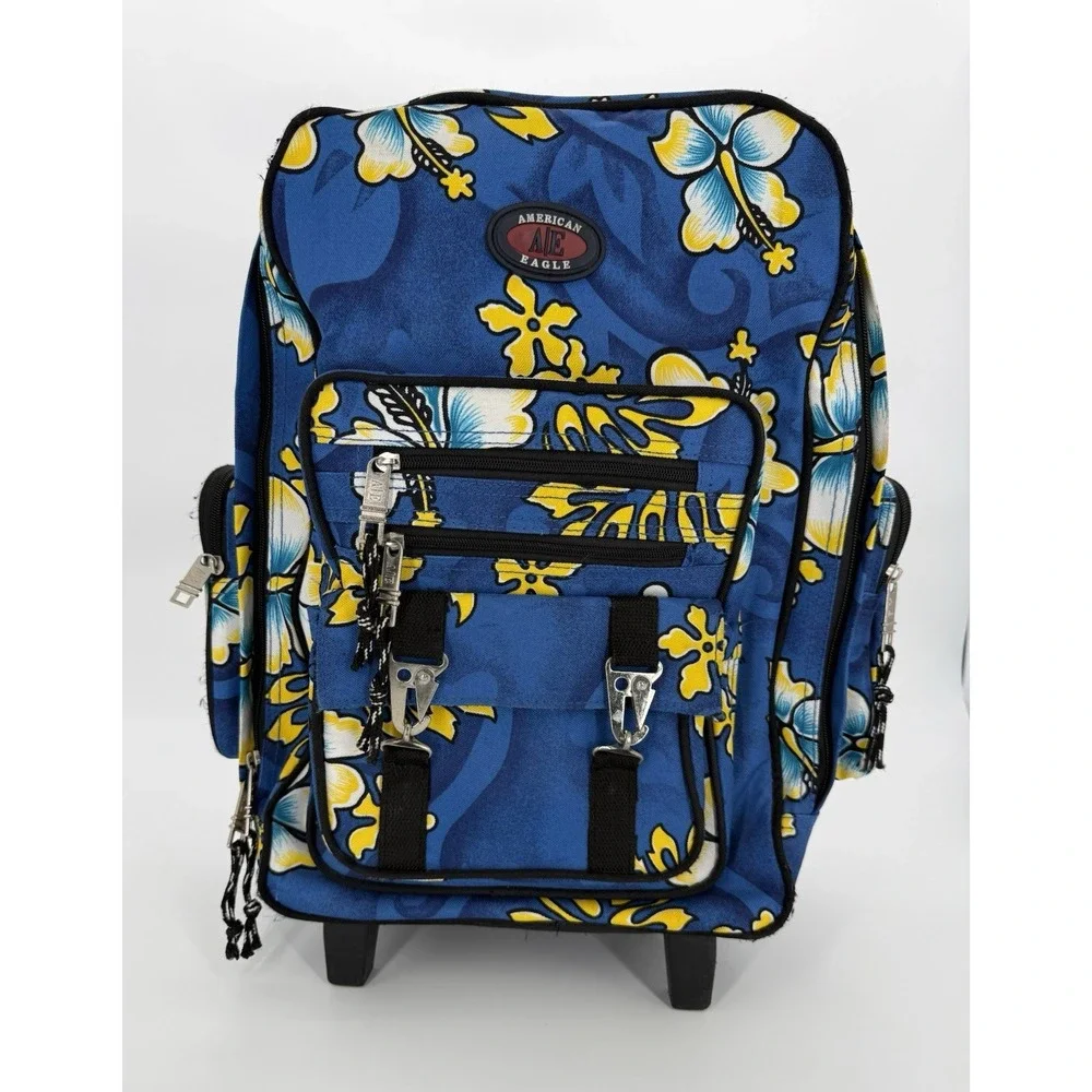 American Eagle Blue Hawaiian Hibiscus Rolling Backpack Carry On Travel Bag VTG